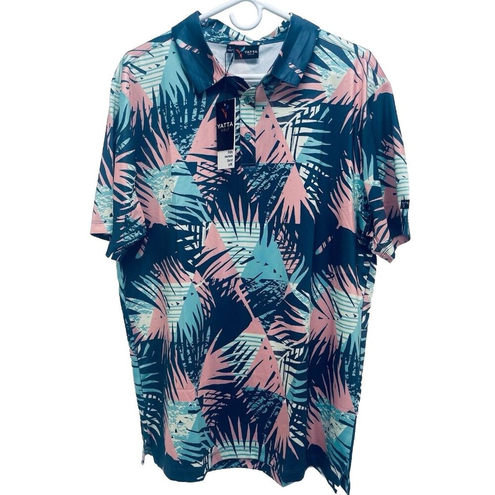 Yatta Men’s Golf Polo Shirt SZ L Blue Pink Floral Hawaiian Performance Stretch